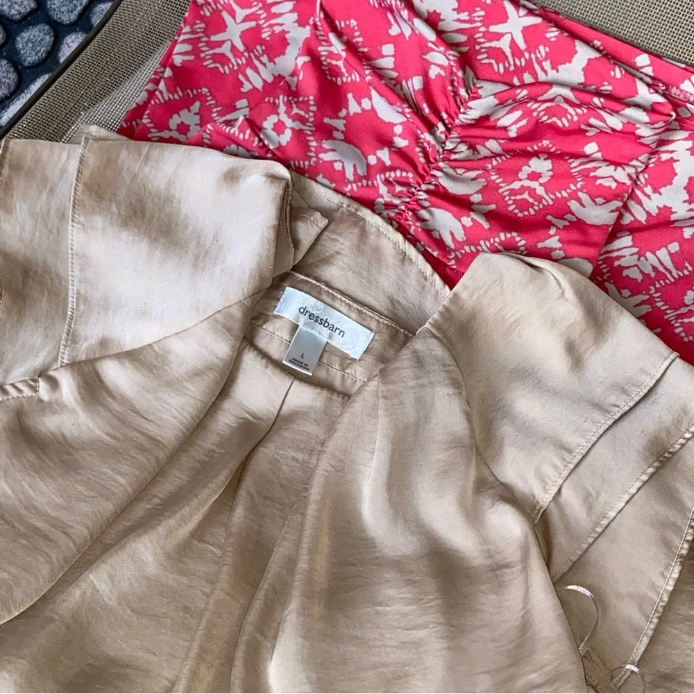 VWL Dressbarn Sz-L Beige Silky Top w/ Beige & Peachy/Orange Patterned Skirt Both